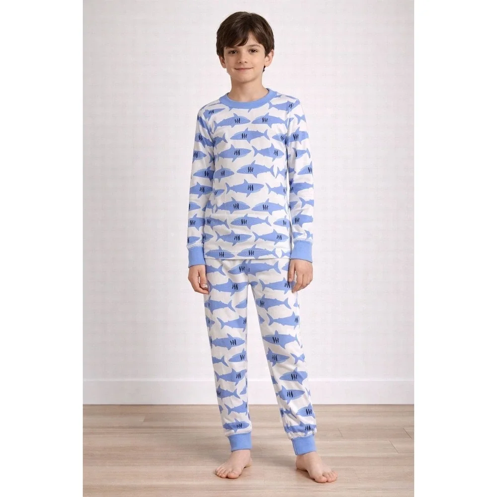 HANNA ANDERSSON 100% Organic Cotton Shark Pajama 8 Set Kids White & Blue